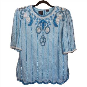 STUNNING VINTAGE WOMEN'S ODEON BY KRAFTMANS SILK SEQUIN TOP BLOUSE SIZE 16